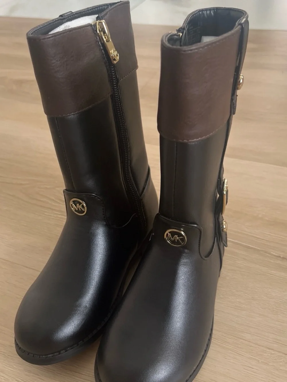 Michael Kors Black and Brown Kids Leather Boots with Gold Accents
